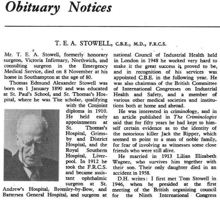 Dr.Thomas Stowell 1970 Obituary Jack The Ripper Forums