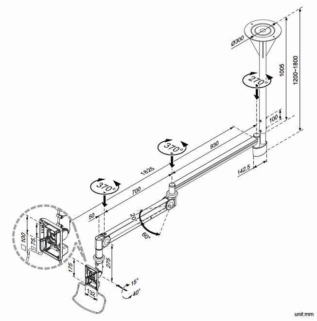 Long Reach LCD Ceiling Mount CM-M25KN Dimensions