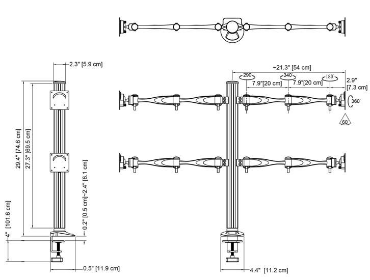 Cotytech Quad Monitor (4 Monitors) Desk Mount - Full Swing Specs