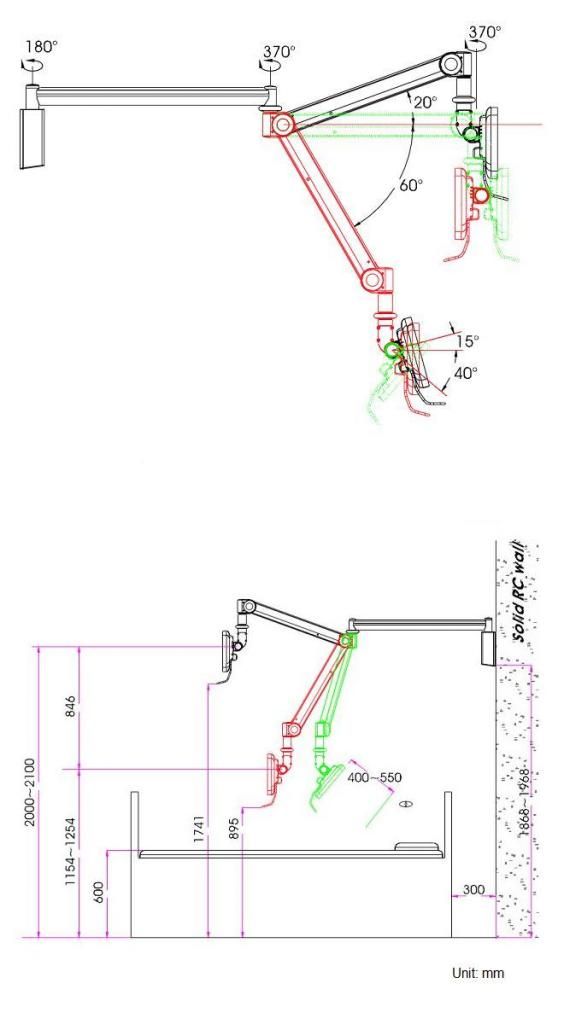 Cotytech Medical Wall Arm Dimensions