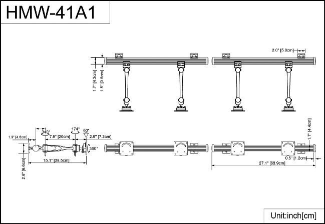 Wall Mount for Four Monitors Single Arm Specs